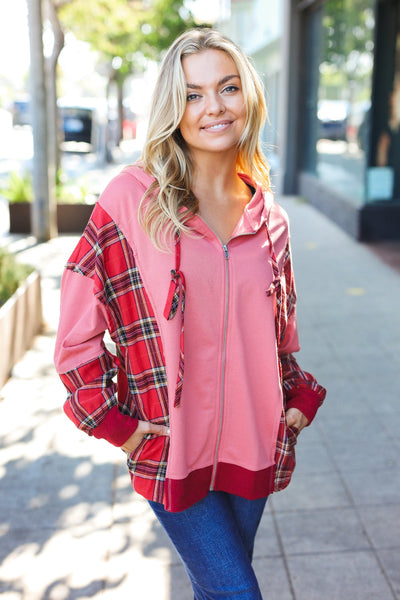 Adorable in Marsala Plaid Color Block Zipper French Terry Hoodie - Online Only!