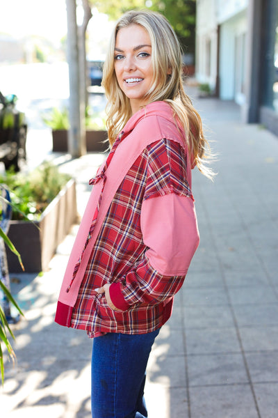 Adorable in Marsala Plaid Color Block Zipper French Terry Hoodie - Online Only!