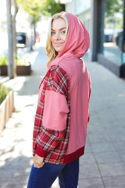Adorable in Marsala Plaid Color Block Zipper French Terry Hoodie - Online Only!