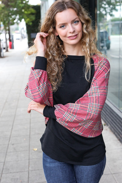 You Got This Burgundy Plaid Dolman Round Neck Top - Online Only!