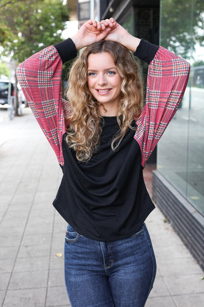 You Got This Burgundy Plaid Dolman Round Neck Top - Online Only!