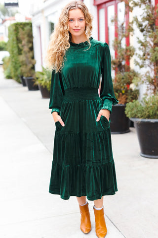 Holiday Dreaming Hunter Green Velvet Mock Neck Smocked Waist Dress - Online Only!