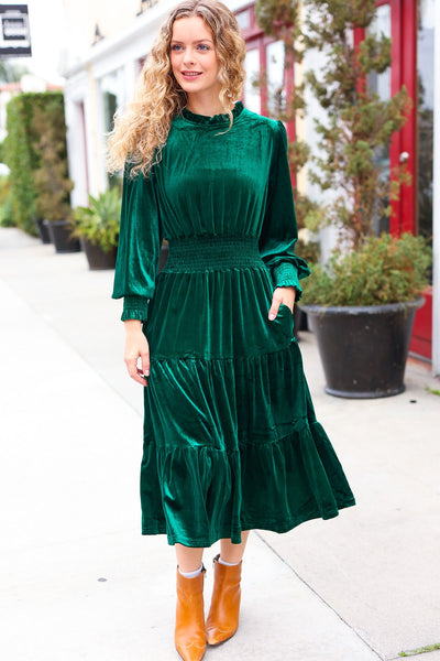 Holiday Dreaming Hunter Green Velvet Mock Neck Smocked Waist Dress - Online Only!