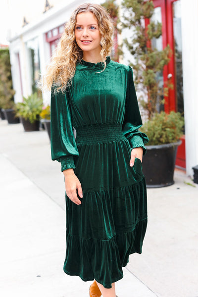 Holiday Dreaming Hunter Green Velvet Mock Neck Smocked Waist Dress - Online Only!