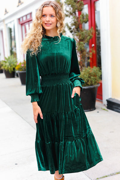 Holiday Dreaming Hunter Green Velvet Mock Neck Smocked Waist Dress - Online Only!
