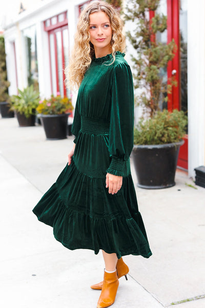 Holiday Dreaming Hunter Green Velvet Mock Neck Smocked Waist Dress - Online Only!