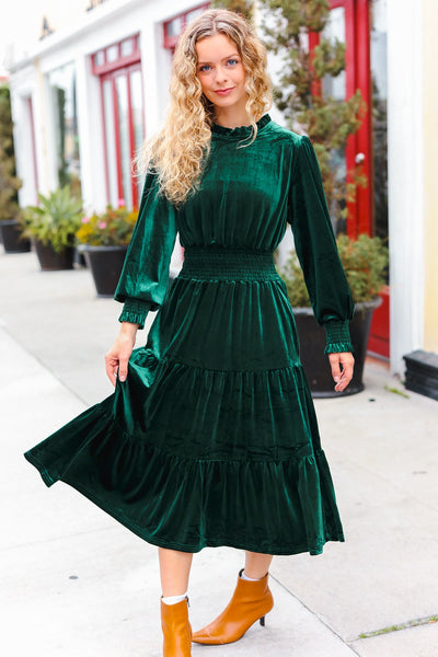 Holiday Dreaming Hunter Green Velvet Mock Neck Smocked Waist Dress - Online Only!