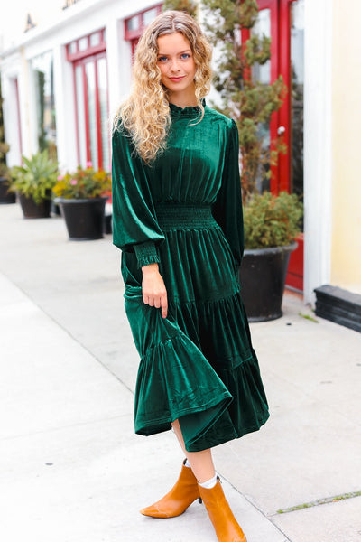 Holiday Dreaming Hunter Green Velvet Mock Neck Smocked Waist Dress - Online Only!