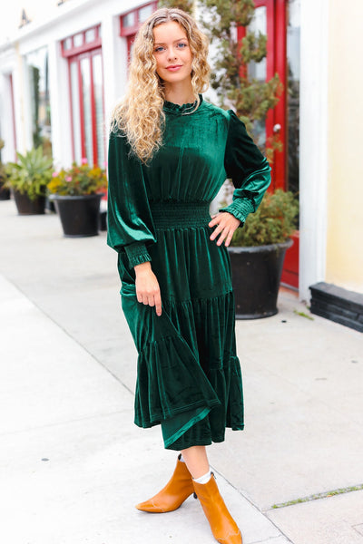 Holiday Dreaming Hunter Green Velvet Mock Neck Smocked Waist Dress - Online Only!