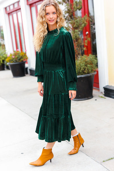 Holiday Dreaming Hunter Green Velvet Mock Neck Smocked Waist Dress - Online Only!