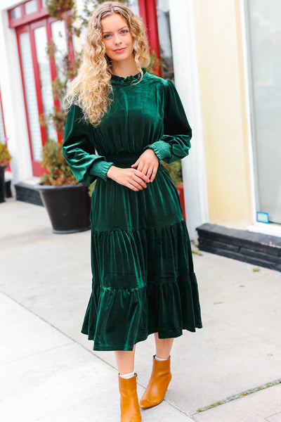 Holiday Dreaming Hunter Green Velvet Mock Neck Smocked Waist Dress - Online Only!