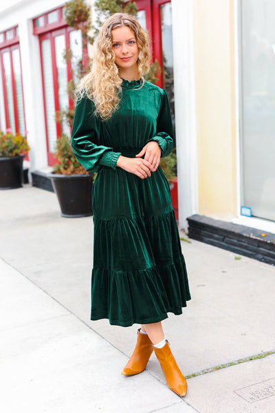 Holiday Dreaming Hunter Green Velvet Mock Neck Smocked Waist Dress - Online Only!