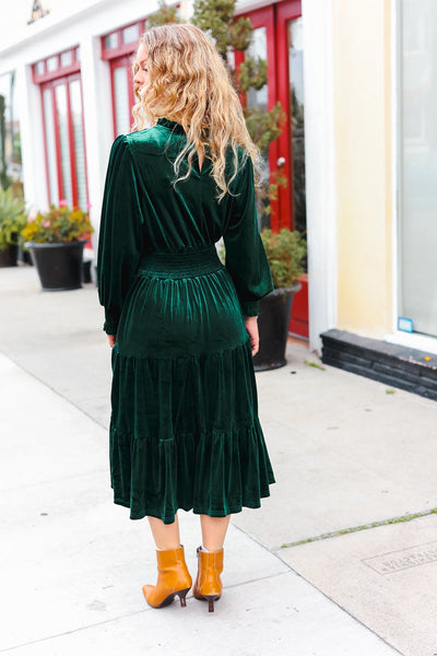 Holiday Dreaming Hunter Green Velvet Mock Neck Smocked Waist Dress - Online Only!