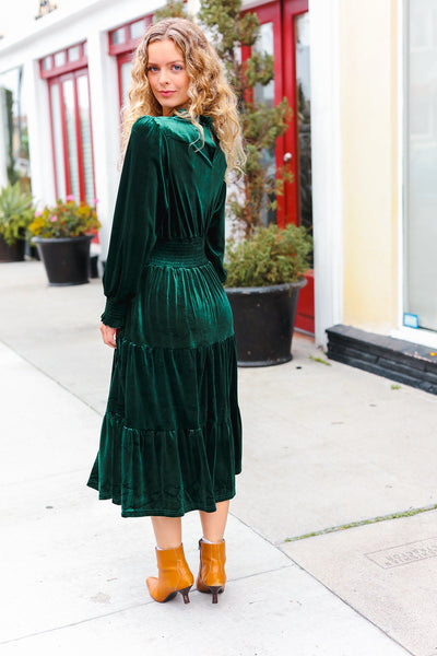 Holiday Dreaming Hunter Green Velvet Mock Neck Smocked Waist Dress - Online Only!