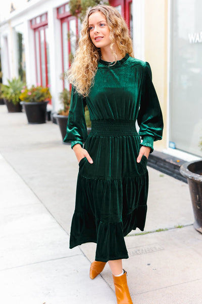 Holiday Dreaming Hunter Green Velvet Mock Neck Smocked Waist Dress - Online Only!