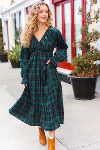 All I Want Hunter Green Plaid Elastic V Neck Tiered Maxi Dress - Online Only!