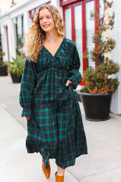 All I Want Hunter Green Plaid Elastic V Neck Tiered Maxi Dress - Online Only!