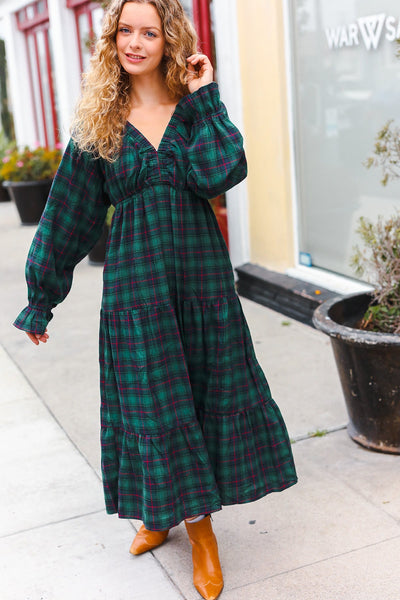 All I Want Hunter Green Plaid Elastic V Neck Tiered Maxi Dress - Online Only!