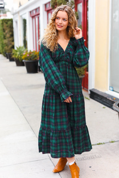All I Want Hunter Green Plaid Elastic V Neck Tiered Maxi Dress - Online Only!