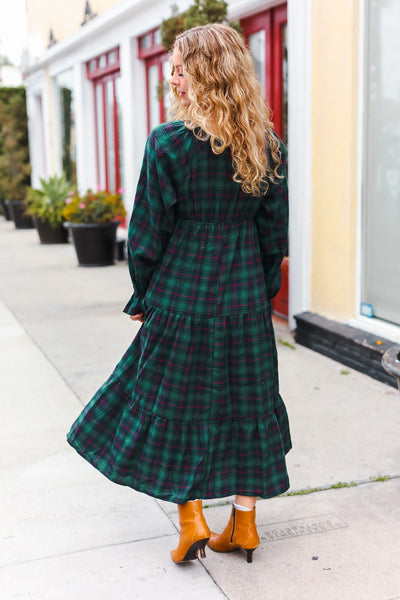 All I Want Hunter Green Plaid Elastic V Neck Tiered Maxi Dress - Online Only!