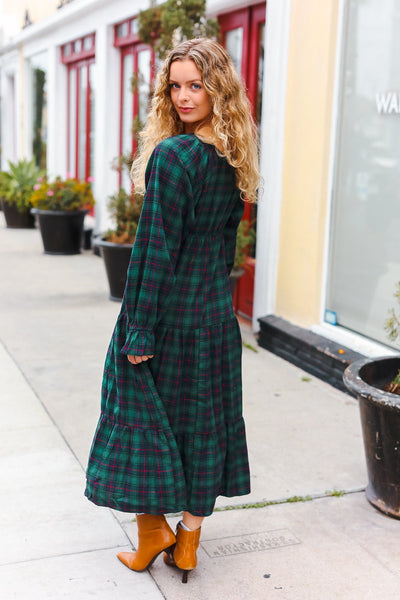 All I Want Hunter Green Plaid Elastic V Neck Tiered Maxi Dress - Online Only!