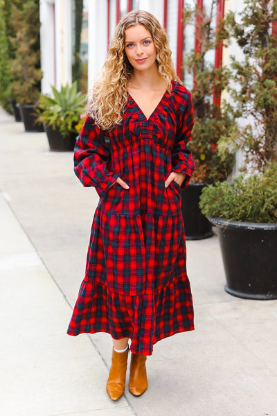 Red Plaid Elastic V Neck Tiered Maxi Dress - Online Only!