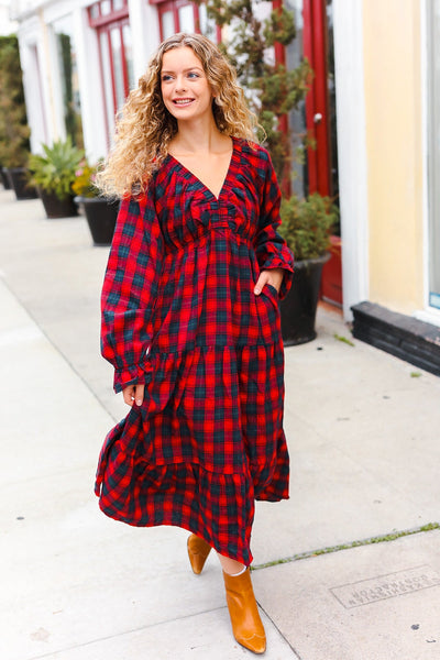 Red Plaid Elastic V Neck Tiered Maxi Dress - Online Only!