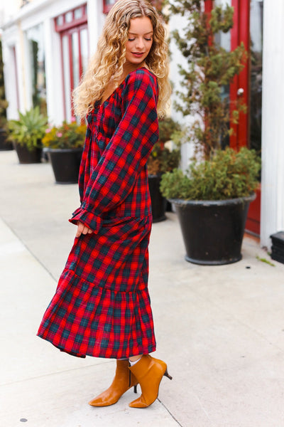 Red Plaid Elastic V Neck Tiered Maxi Dress - Online Only!