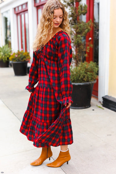 Red Plaid Elastic V Neck Tiered Maxi Dress - Online Only!