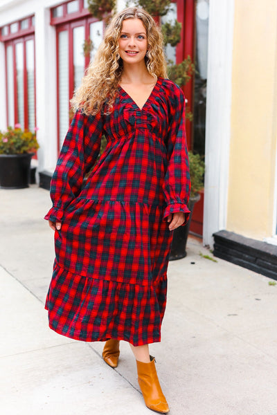 Red Plaid Elastic V Neck Tiered Maxi Dress - Online Only!