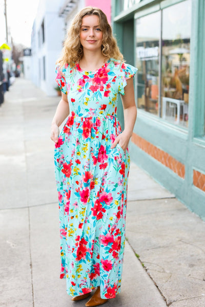 Aqua Floral Fit & Flare Maxi Dress - Online Only!