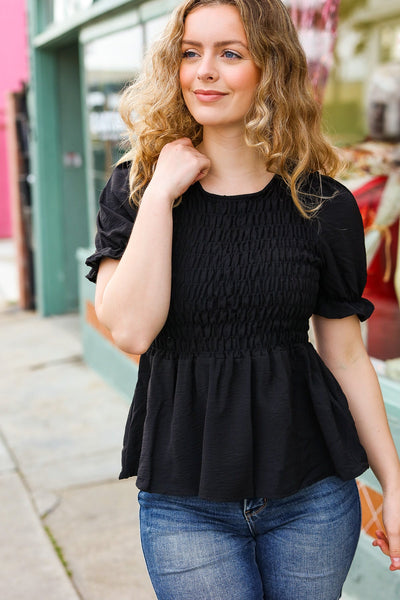 All For You Black Smocked Peplum Puff Sleeve Top - Online Only!