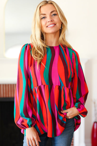 Rust & Berry Abstract Print Babydoll Air Flow Woven Top - Online Only!