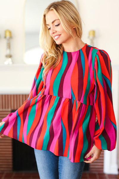 Rust & Berry Abstract Print Babydoll Air Flow Woven Top - Online Only!