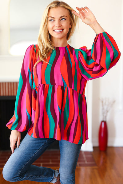 Rust & Berry Abstract Print Babydoll Air Flow Woven Top - Online Only!