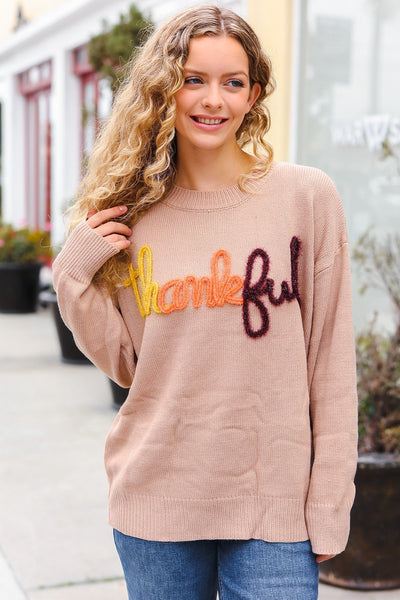 Feeling Thankful Taupe Pop Up Glittery Embroidery Sweater - Online Only!