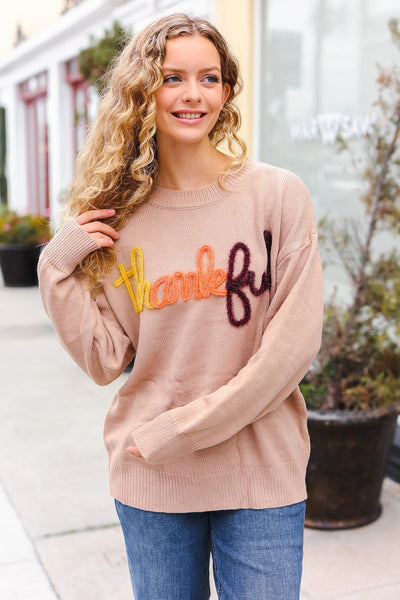 Feeling Thankful Taupe Pop Up Glittery Embroidery Sweater - Online Only!