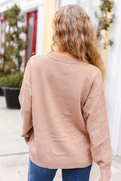 Feeling Thankful Taupe Pop Up Glittery Embroidery Sweater - Online Only!
