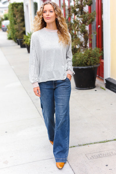 Spread Joy Grey & Ivory Striped Oversized Top - Online Only!