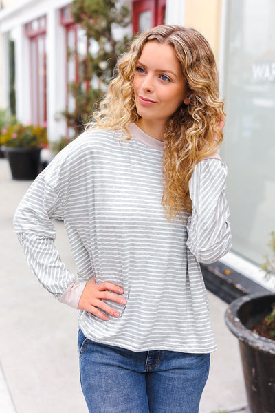 Spread Joy Grey & Ivory Striped Oversized Top - Online Only!