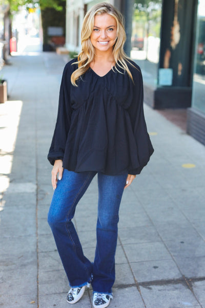 Simple Elegance Black V Neck Babydoll Woven Top - Online Only!