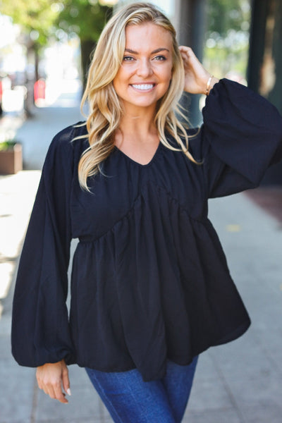 Simple Elegance Black V Neck Babydoll Woven Top - Online Only!