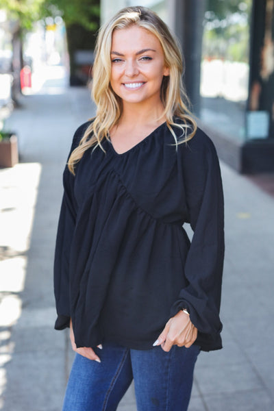 Simple Elegance Black V Neck Babydoll Woven Top - Online Only!
