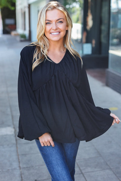 Simple Elegance Black V Neck Babydoll Woven Top - Online Only!