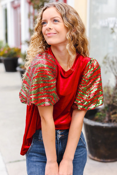 Warmest Wishes Red & Green Sequin Puff Sleeve Velvet Top - Online Only!