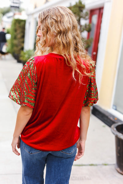 Warmest Wishes Red & Green Sequin Puff Sleeve Velvet Top - Online Only!