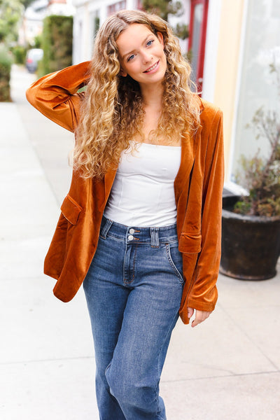 Holiday Stunner Rust Velvet Lapel Blazer - Online Only!