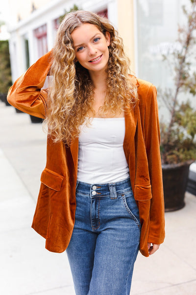 Holiday Stunner Rust Velvet Lapel Blazer - Online Only!