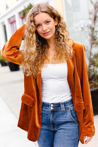 Holiday Stunner Rust Velvet Lapel Blazer - Online Only!