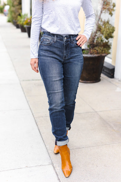 Judy Blue Dark Wash Mid Rise Cuffed Slim Fit Jeans - Online Only!